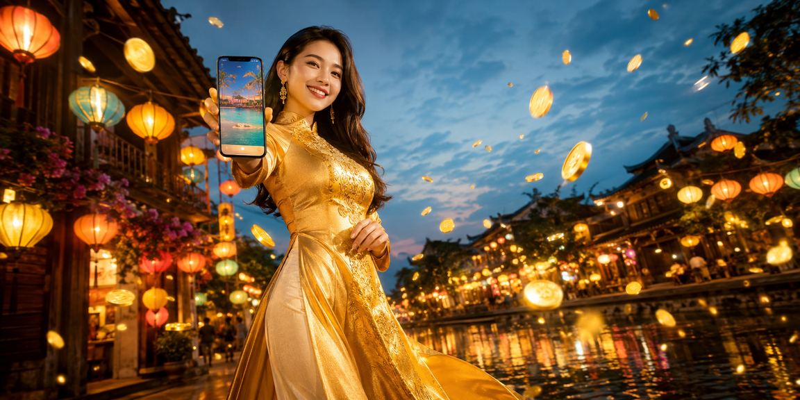 Người dùng Hà Nội dùng điện thoại truy cập trang khuyến mãi casino trong trang phục áo dài